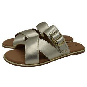 Johnston & Murphy Women 9.5 Shayla Cross-Band Gold Metallic Sheepskin Sandals